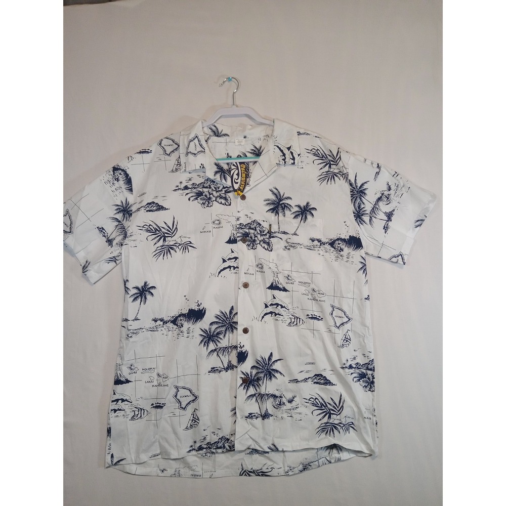 Palmwave Hawaii White XXL Aloha Hawaiian Shirt Dolphins Palms Island 100% Cotton